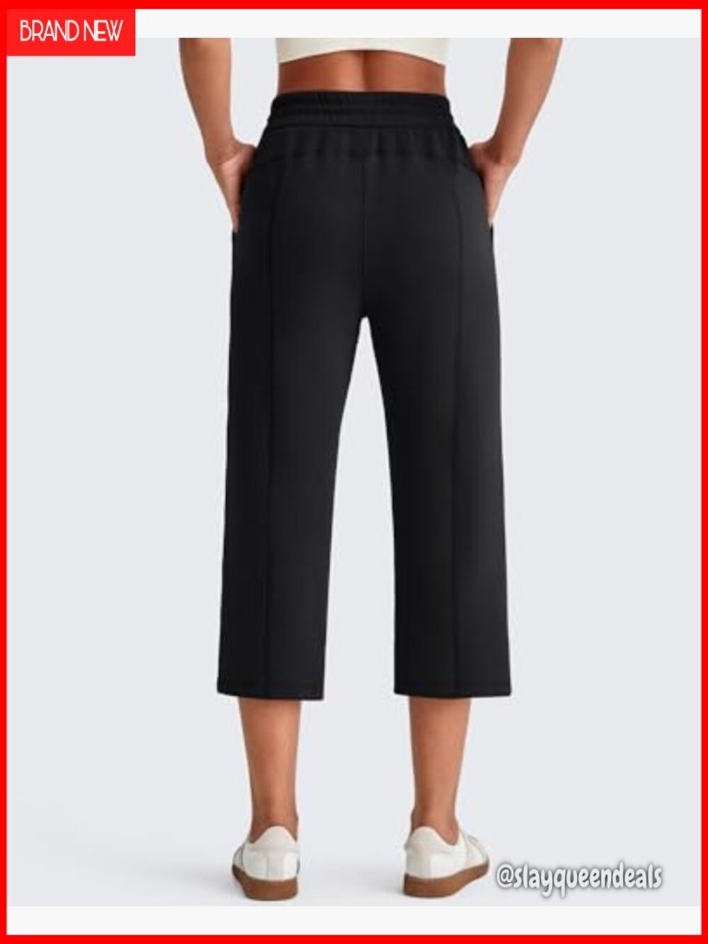 Wide Leg Capri Pants with Pockets High Waist Adjustable Shockcord Summer Travel - Picture 6 of 6